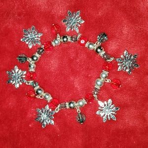 Snowflake & Red and Green Faceted Bead and Silver Round bead Stretch Bracelet